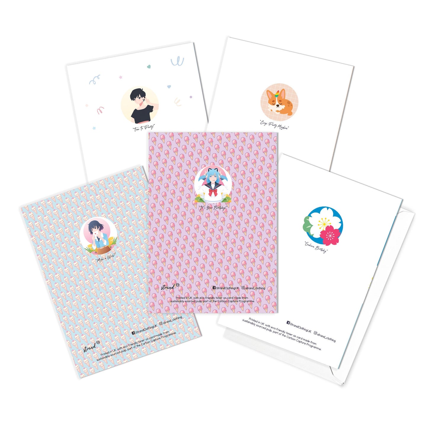 Happy Birthday Japanese Style Greeting Cards Card Set of 5 Bundle Kawaii Cute Pretty Aesthetic Anime Manga Girl Corgi Dog Puppy Sakura Mix
