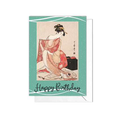 Happy Birthday Japanese Ukiyo-e Art Greeting Card Woodblock Print Aesthetic Kitagawa Utamaro Geisha Maiko Cat Neko Cute Kimono Pretty - T99