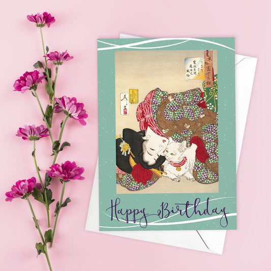 Happy Birthday Japanese Ukiyo-e Art Greeting Card Woodblock Print Aesthetic Yoshitoshi Geisha Maiko Cat Neko Kimono Beautiful Japan - G76