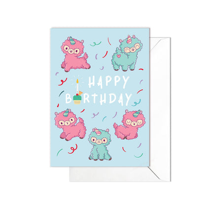 Happy Birthday Greeting Card Print Kawaii Cute Japanese Aesthetic Alpaca Llama Adorable Animal Vegan Anime Manga Art Unicorn Unique - A50