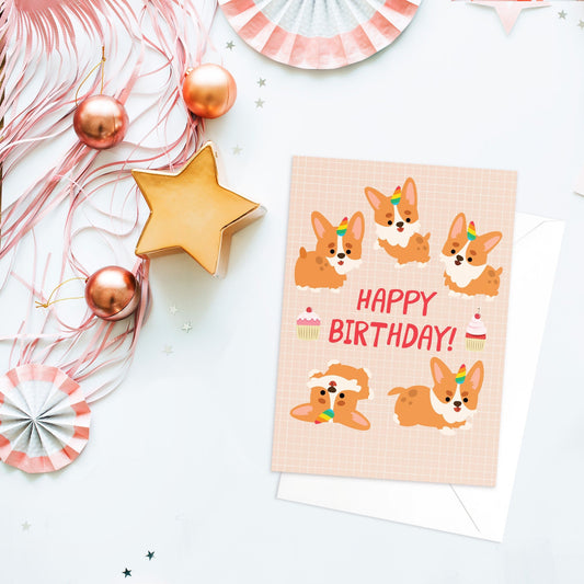 Happy Birthday Greeting Card Print Kawaii Cute Japanese Aesthetic Corgi Dog Puppy Adorable Animal Vegan Anime Manga Style Art Unicorn - C17