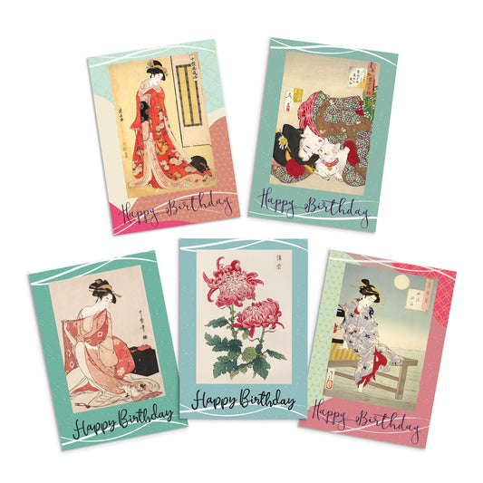 Happy Birthday Japanese Ukiyo-e Art Greeting Cards Card Set of 5 Bundle Woodblock Print Aesthetic Hiroshige Hokusai Elegant Maiko Flowers