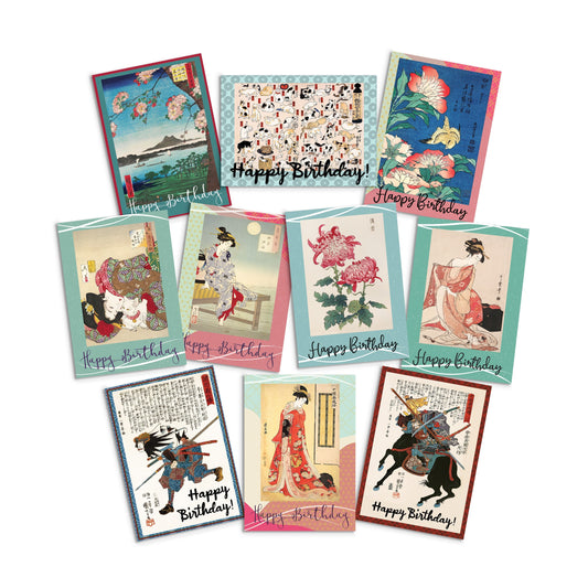 Happy Birthday Japanese Ukiyo-e Art Greeting Cards Card Set of 10 Ten Mixed Bundle Woodblock Print Hiroshige Kuniyoshi Samurai Geisha Flower