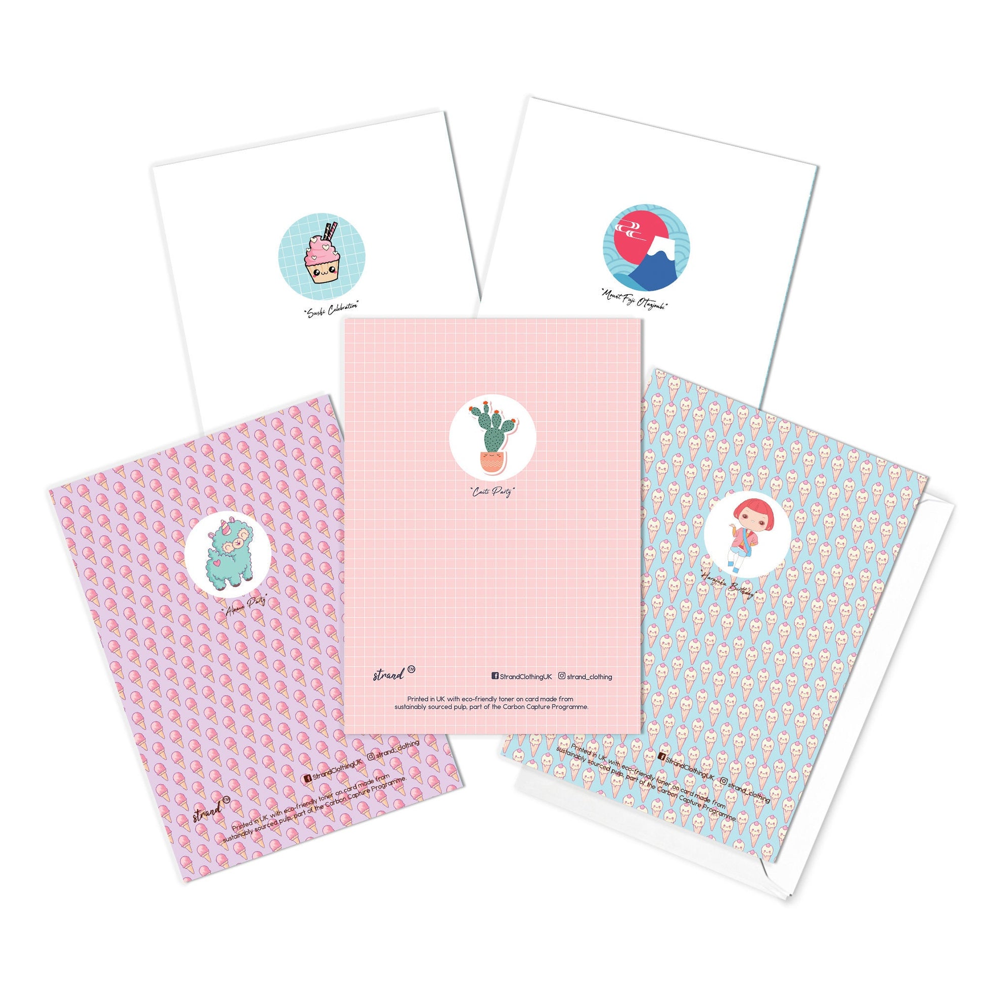 Happy Birthday Japanese Style Greeting Cards Card Set of 5 Bundle Kawaii Cute Aesthetic Anime Manga Girl Alpaca Llama Mount Fuji San Mix
