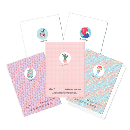 Happy Birthday Japanese Style Greeting Cards Card Set of 5 Bundle Kawaii Cute Aesthetic Anime Manga Girl Alpaca Llama Mount Fuji San Mix
