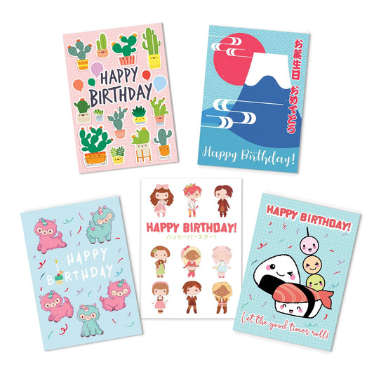 Happy Birthday Japanese Style Greeting Cards Card Set of 5 Bundle Kawaii Cute Aesthetic Anime Manga Girl Alpaca Llama Mount Fuji San Mix