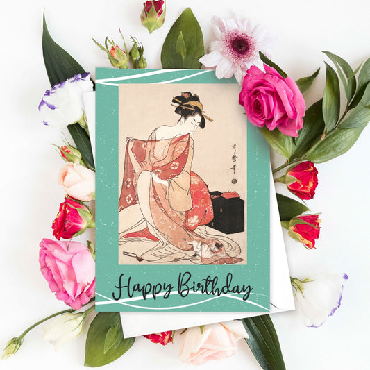 Happy Birthday Japanese Ukiyo-e Art Greeting Card Woodblock Print Aesthetic Kitagawa Utamaro Geisha Maiko Cat Neko Cute Kimono Pretty - T99