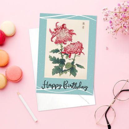 Happy Birthday Japanese Ukiyo-e Art Greeting Card Woodblock Print Aesthetic Keika Hasegawa Chrysanthemums Flower Beautiful Calligraphy - K55