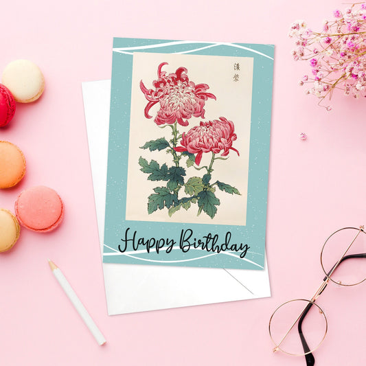 Happy Birthday Japanese Ukiyo-e Art Greeting Card Woodblock Print Aesthetic Keika Hasegawa Chrysanthemums Flower Beautiful Calligraphy - K55
