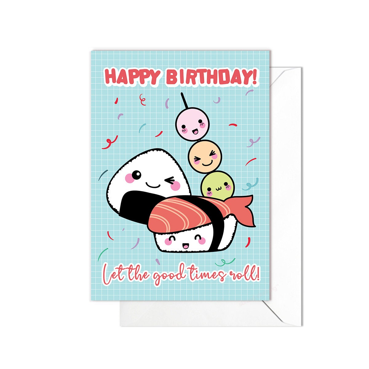 Happy Birthday Greeting Card Print Kawaii Cute Japanese Aesthetic Adorable Sushi Mochi Onigiri with Faces Anime Manga Art Unique Funny - S28