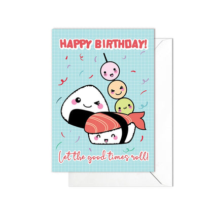 Happy Birthday Greeting Card Print Kawaii Cute Japanese Aesthetic Adorable Sushi Mochi Onigiri with Faces Anime Manga Art Unique Funny - S28