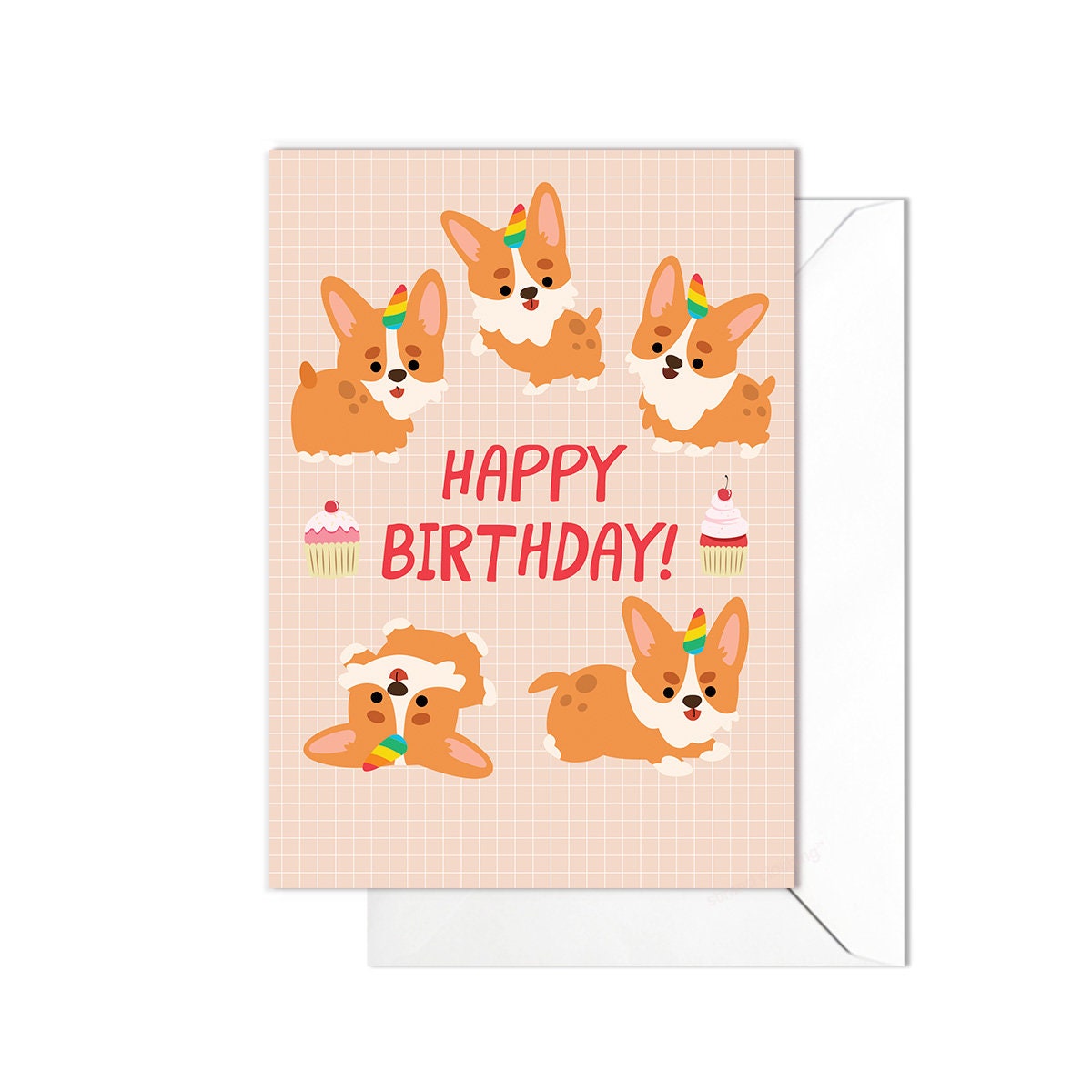 Happy Birthday Greeting Card Print Kawaii Cute Japanese Aesthetic Corgi Dog Puppy Adorable Animal Vegan Anime Manga Style Art Unicorn - C17