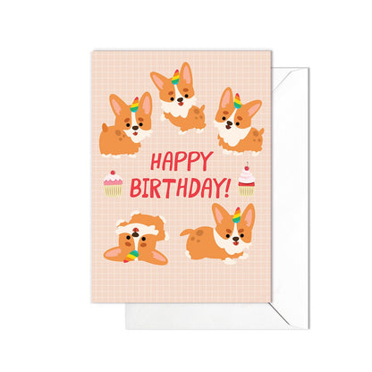Happy Birthday Greeting Card Print Kawaii Cute Japanese Aesthetic Corgi Dog Puppy Adorable Animal Vegan Anime Manga Style Art Unicorn - C17