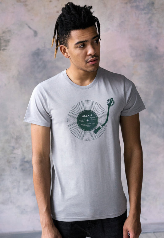 Custom Name Vinyl LP Record Label T Shirt Decks Turntable Personalized Choose Your Text Song Retro Drum & Bass DJ Men's Women's Printed Tee