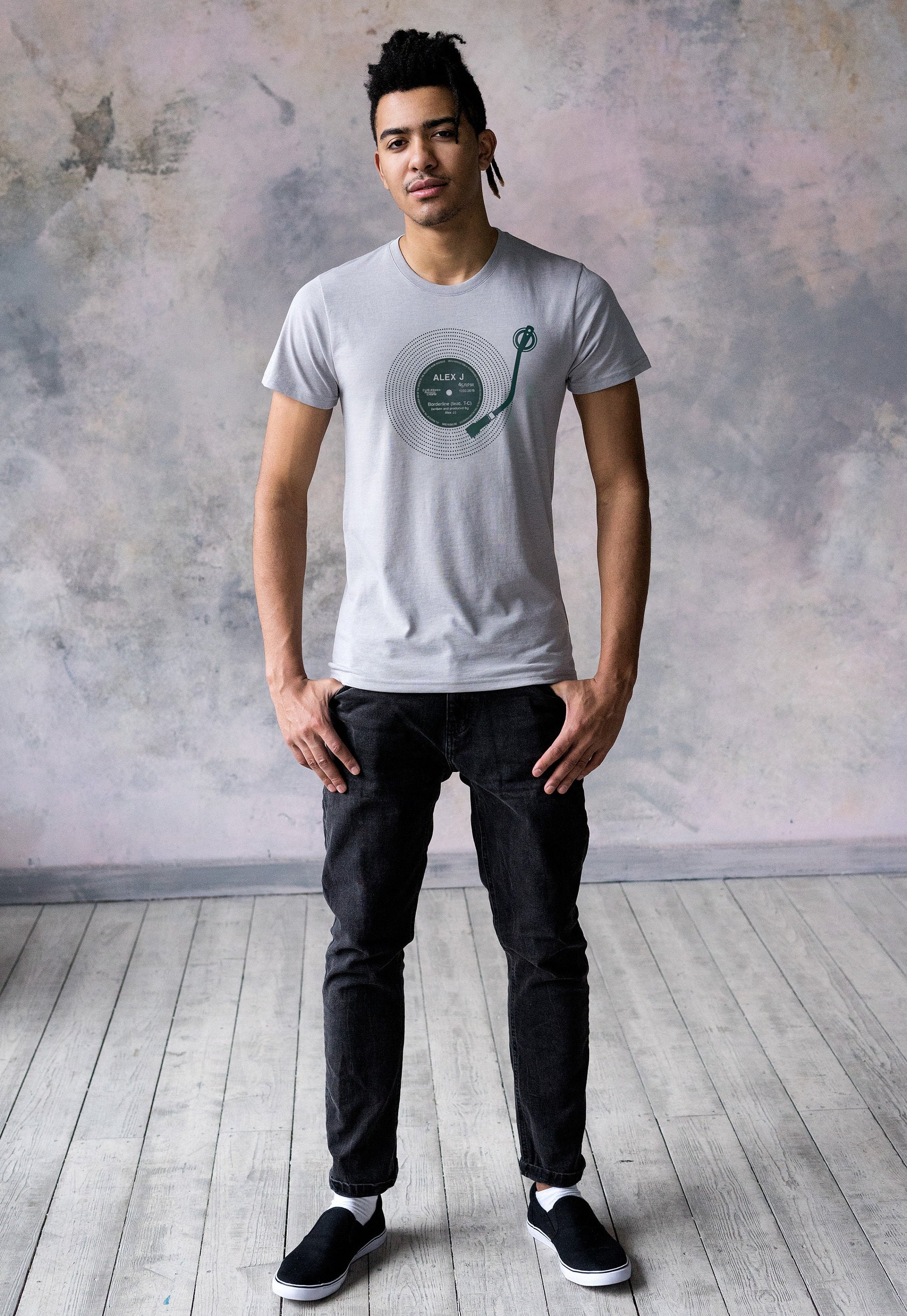 Custom Name Vinyl LP Record Label T Shirt Decks Turntable Personalized Choose Your Text Song Retro Drum & Bass DJ Men's Women's Printed Tee