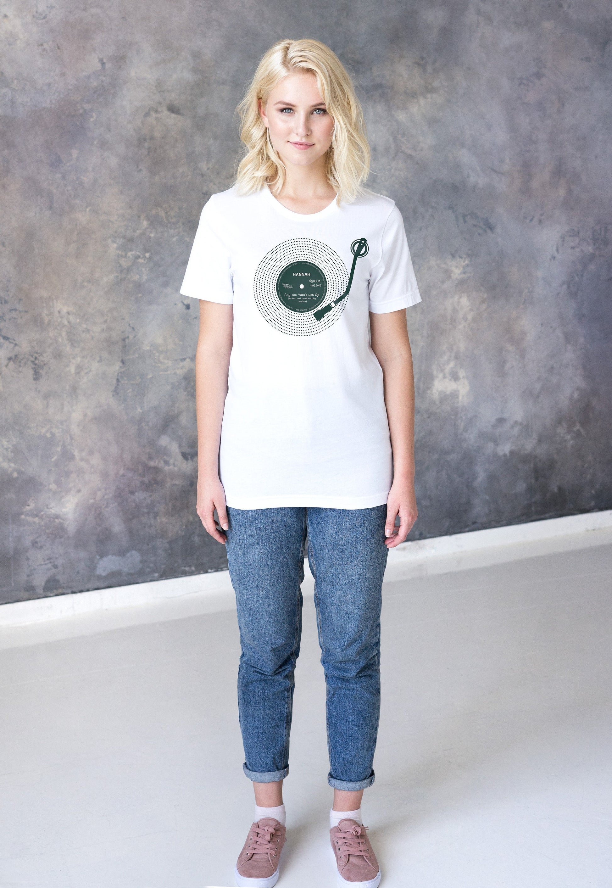 Custom Name Vinyl LP Record Label T Shirt Decks Turntable Personalized Choose Your Text Song Retro Drum & Bass DJ Men's Women's Printed Tee