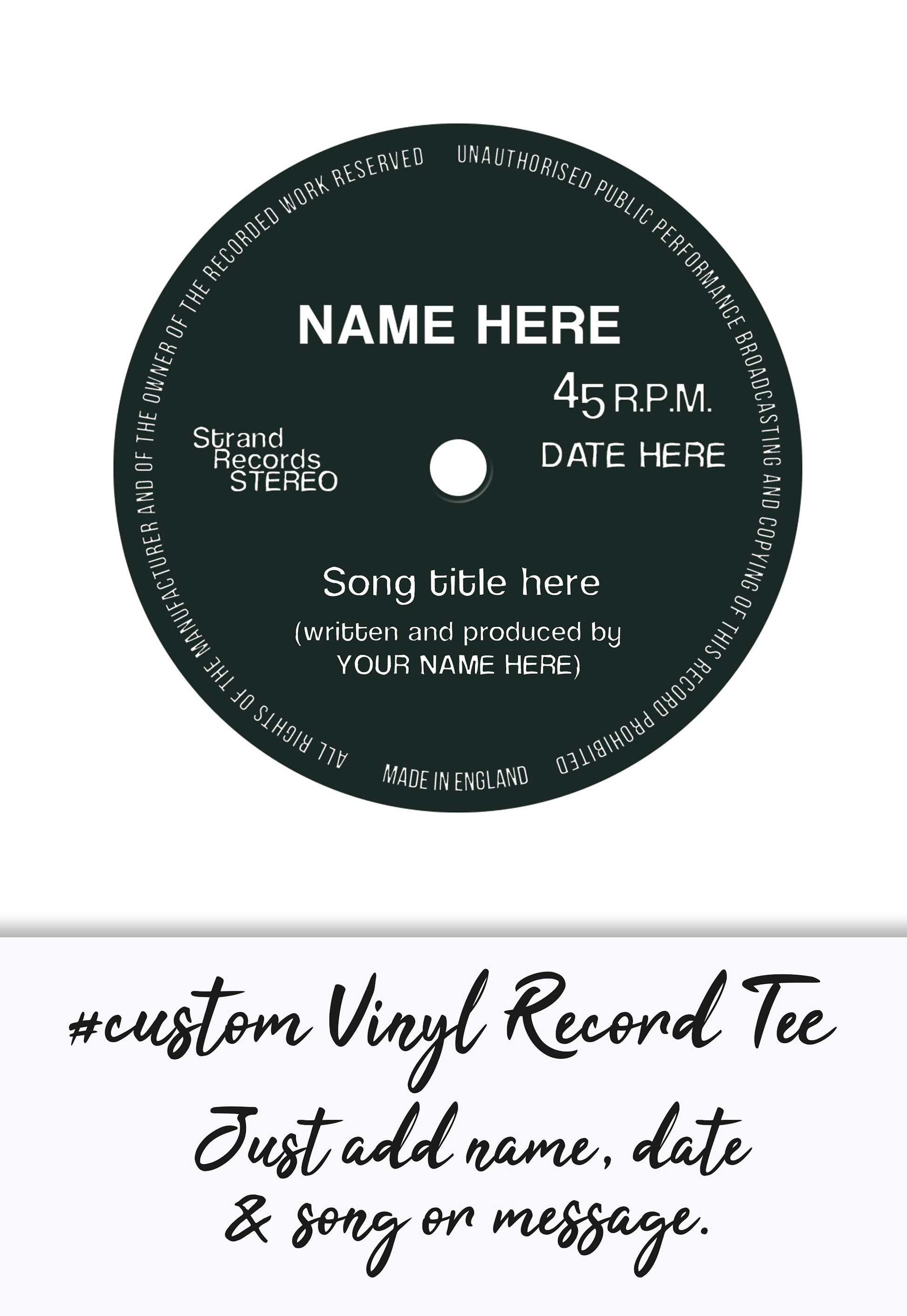 Custom Name Vinyl LP Record Label T Shirt DJ Turntable Personalized Choose Your Text Song Retro Birthday Mr & Mrs Womens Mens Printed Tee