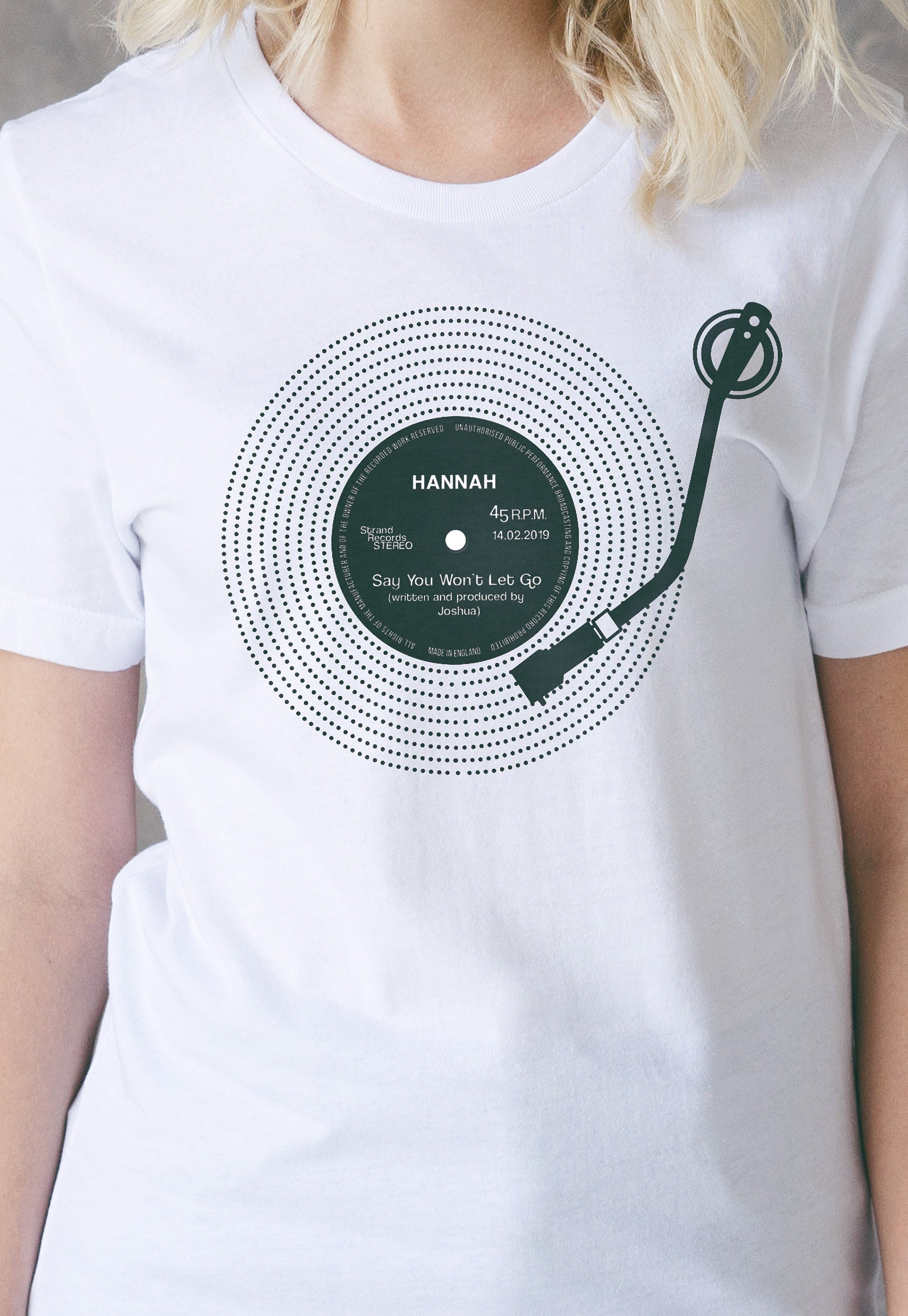 Custom Name Vinyl LP Record Label T Shirt DJ Turntable Personalized Choose Your Text Song Retro Birthday Mr & Mrs Womens Mens Printed Tee