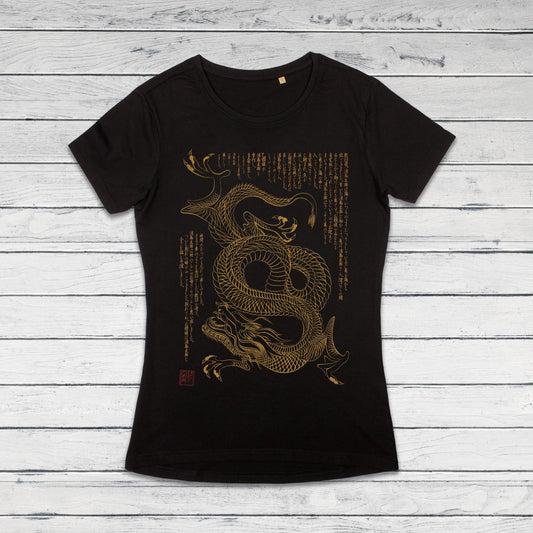Japanese Dragon Calligraphy T Shirt Japan Chinese Ryuu Anime Manga Traditional Art Ukiyo-e Naga Yoga Martial Arts Womens Girls Printed Tee