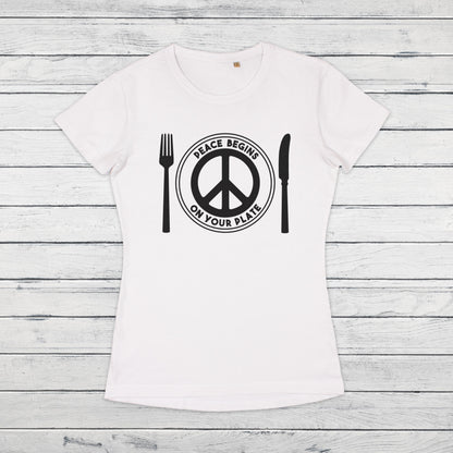 Peace Begins On Your Plate T Shirt Veggie Vegan Animal Liberation Rights Be Kind Compassion Herbivore Peace Sign Womens Girls Printed Tee