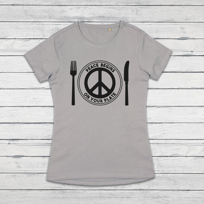 Peace Begins On Your Plate T Shirt Veggie Vegan Animal Liberation Rights Be Kind Compassion Herbivore Peace Sign Womens Girls Printed Tee