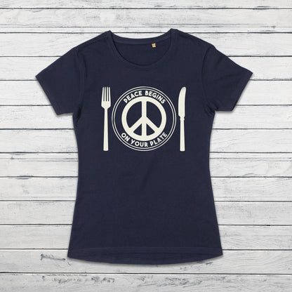 Peace Begins On Your Plate T Shirt Veggie Vegan Animal Liberation Rights Be Kind Compassion Herbivore Peace Sign Womens Girls Printed Tee