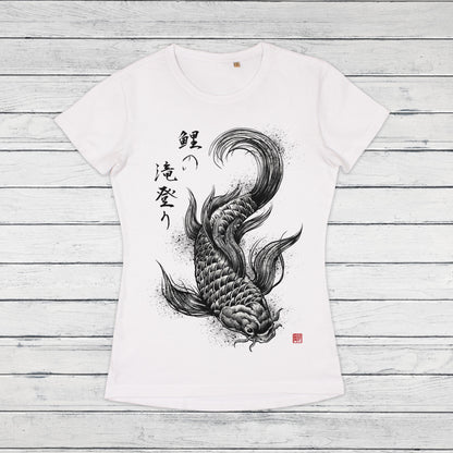 Koi Carp Japanese Calligraphy T Shirt Traditional Art Japan Kanji Writing Print Yoga Martial Arts Dragon Samurai Womens Girl Printed Tee Top