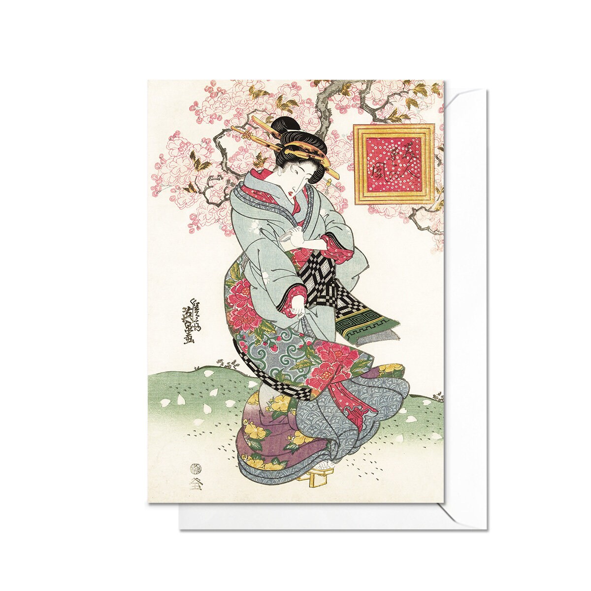 Beauty Sakura Blossom Japanese Ukiyo-e Art Greeting Card Woodblock Print Aesthetic Keisai Eisen Geisha Maiko Beautiful Elegant Luxury - B81