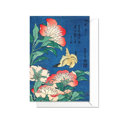 Hokusai Japanese Ukiyo-e Art Greeting Card Woodblock Print Aesthetic Canary Peonies Flowers Birds Nature Pretty Beautiful Elegant Luxury P75