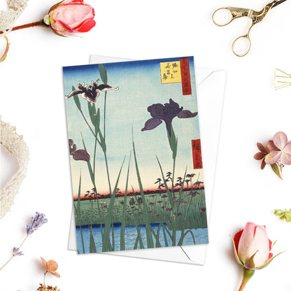 Irises Japanese Ukiyo-e Art Greeting Card Woodblock Print Aesthetic Utagawa Hiroshige Flowers Nature Pretty Beautiful Elegant Luxury - H15