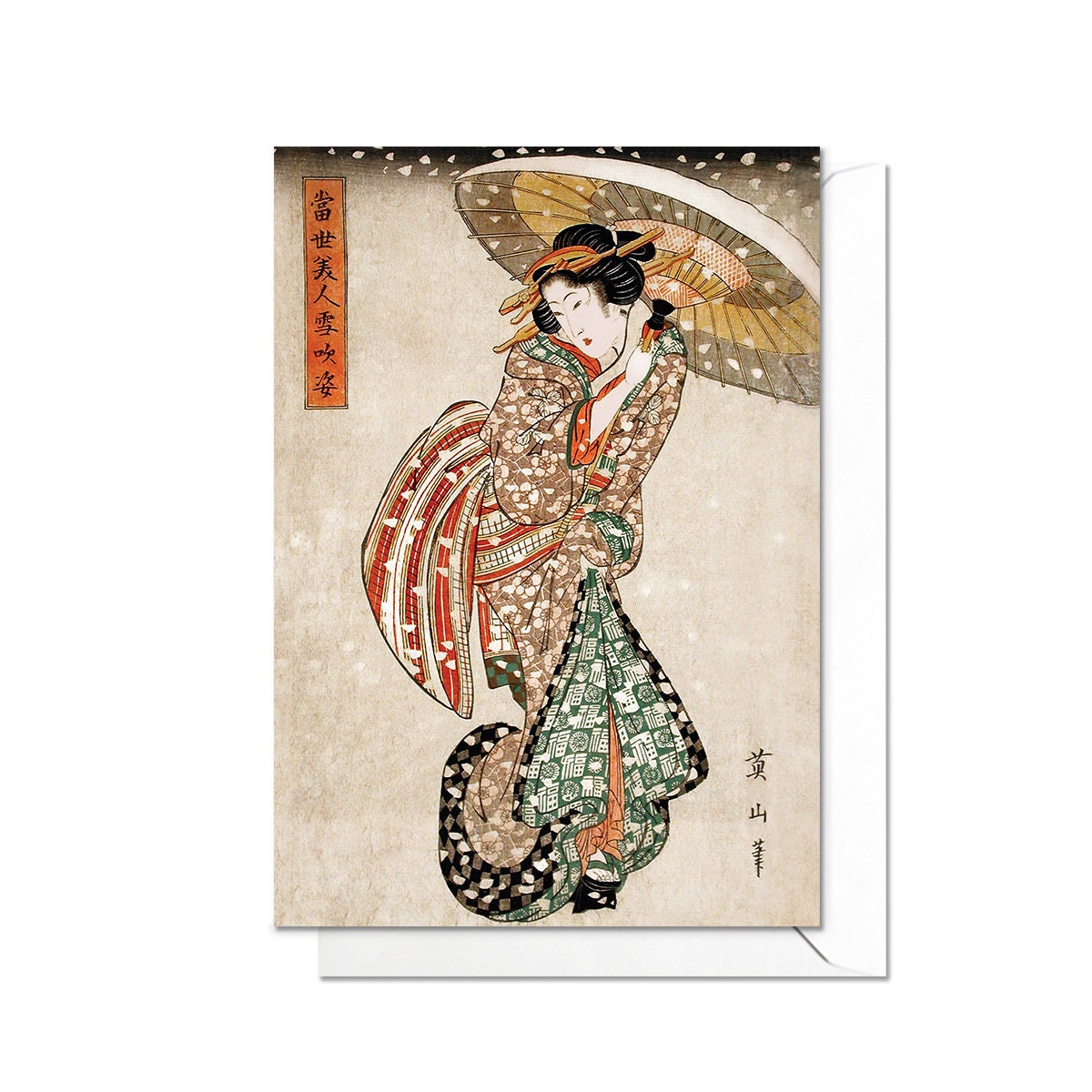 Beauty in Snowfall Japanese Ukiyo-e Art Greeting Card Woodblock Print Aesthetic Geisha Maiko Kikukawa Eizan Beautiful Elegant Luxury - U88