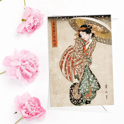 Beauty in Snowfall Japanese Ukiyo-e Art Greeting Card Woodblock Print Aesthetic Geisha Maiko Kikukawa Eizan Beautiful Elegant Luxury - U88