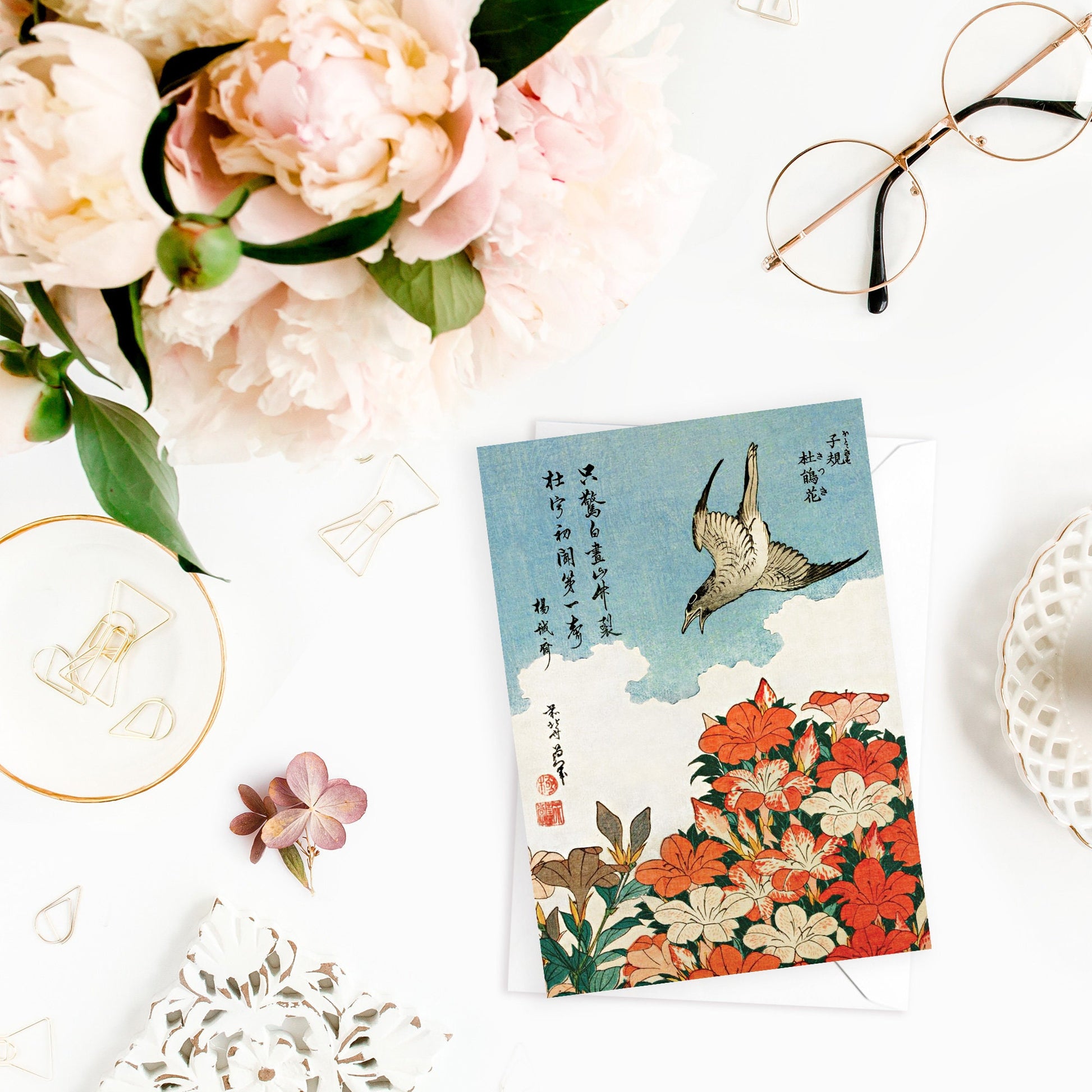 Japanese Ukiyo-e Art Greeting Cards Birthday Card Set of Five Bundle Valentines Woodblock Print Aesthetic Hiroshige Hokusai Haiku Elegant 5