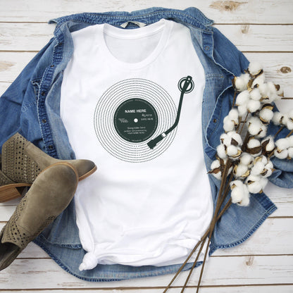 Custom Name Vinyl LP Record Label T Shirt DJ Turntable Personalized Choose Your Text Song Retro Birthday Mr & Mrs Womens Mens Printed Tee