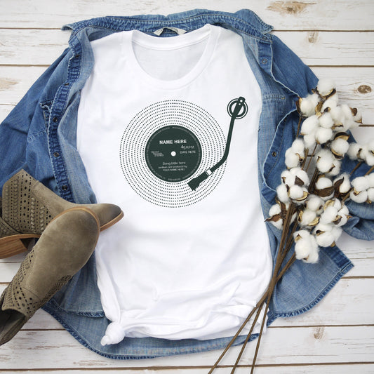 Custom Name Vinyl LP Record Label T Shirt DJ Turntable Personalized Choose Your Text Song Retro Birthday Mr & Mrs Womens Mens Printed Tee