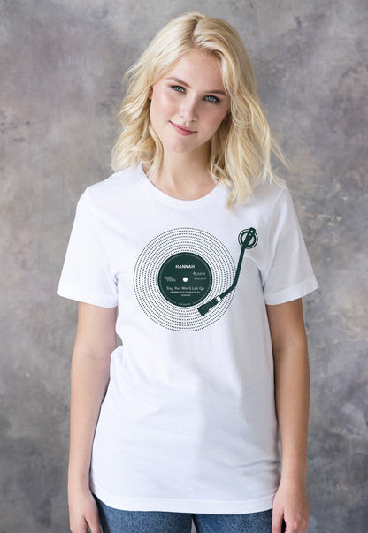Custom Name Vinyl LP Record Label T Shirt DJ Turntable Personalized Choose Your Text Song Retro Birthday Mr & Mrs Womens Mens Printed Tee