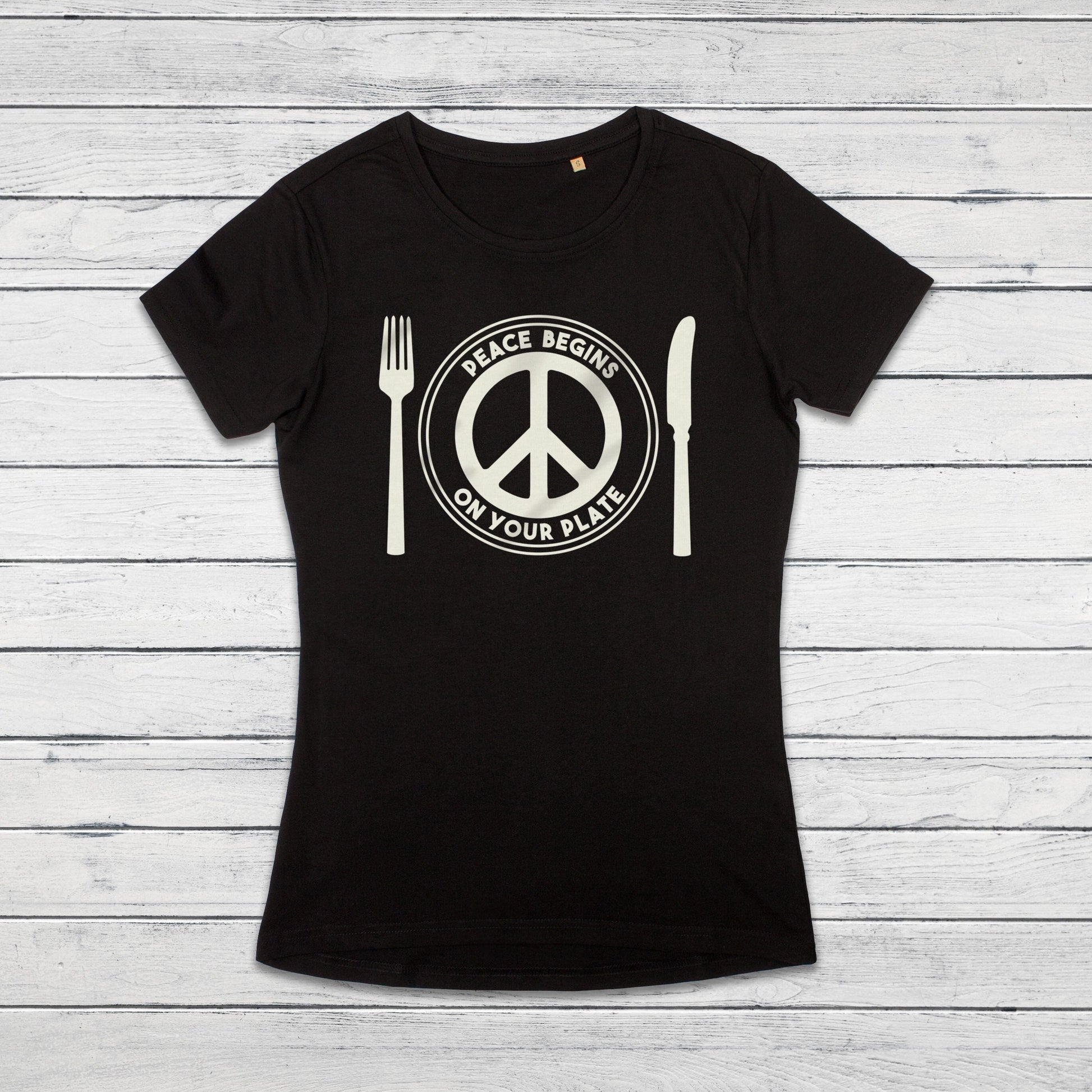 Peace Begins On Your Plate T Shirt Veggie Vegan Animal Liberation Rights Be Kind Compassion Herbivore Peace Sign Womens Girls Printed Tee
