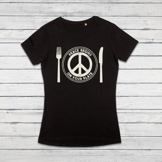 Peace Begins On Your Plate T Shirt Veggie Vegan Animal Liberation Rights Be Kind Compassion Herbivore Peace Sign Womens Girls Printed Tee