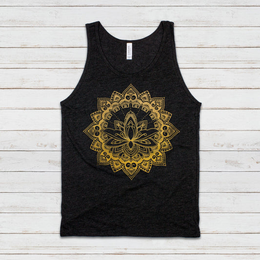 Lotus Mandala Tank Top Traditional Indian Henna Tattoo Gold Print Yoga Inspirational Buddhism Hindu Animal Womens Mens Printed Vest Cami Tee