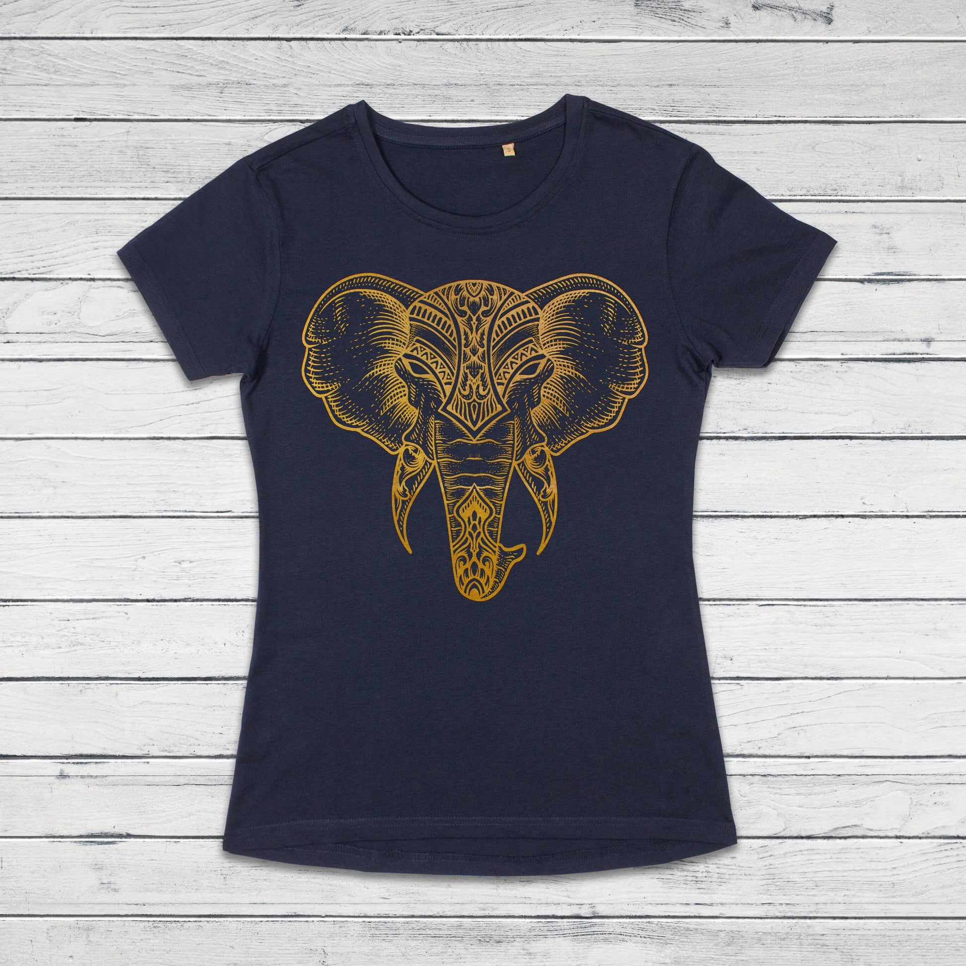 Elephant T Shirt Traditional Indian Henna Tattoo Gold Print Yoga Inspirational Mandala Buddhism Hindu Organic Cotton Women Girls Printed Tee