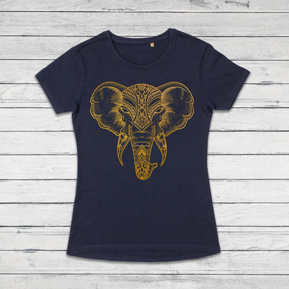 Elephant T Shirt Traditional Indian Henna Tattoo Gold Print Yoga Inspirational Mandala Buddhism Hindu Organic Cotton Women Girls Printed Tee