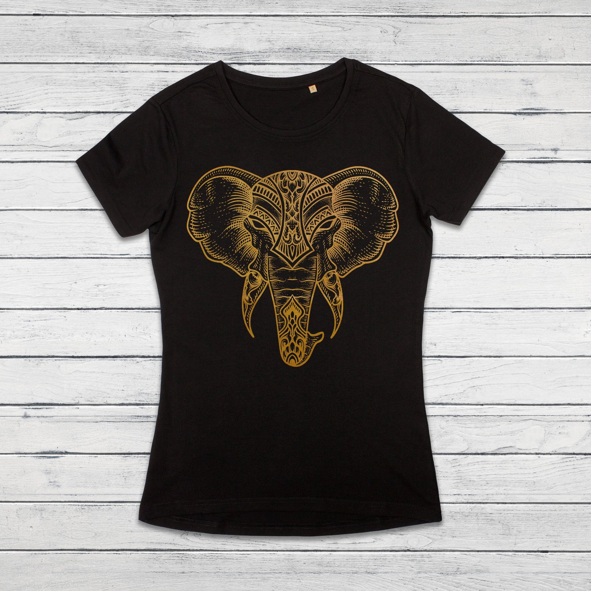 Elephant T Shirt Traditional Indian Henna Tattoo Gold Print Yoga Inspirational Mandala Buddhism Hindu Organic Cotton Women Girls Printed Tee