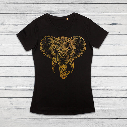 Elephant T Shirt Traditional Indian Henna Tattoo Gold Print Yoga Inspirational Mandala Buddhism Hindu Organic Cotton Women Girls Printed Tee