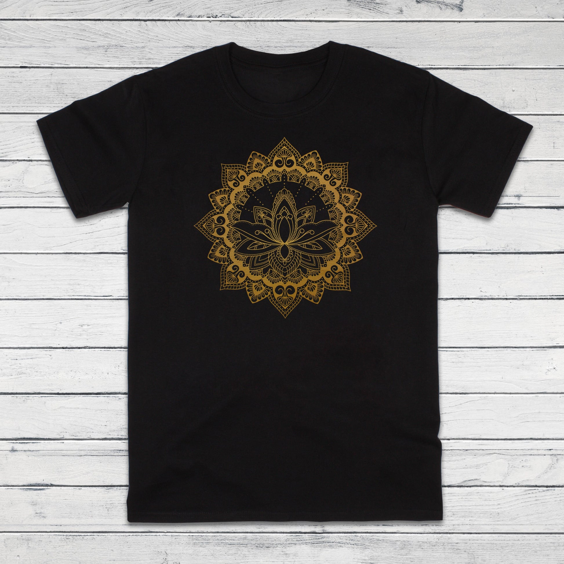 Lotus Mandala T Shirt Traditional Art Indian Henna Tattoo Yoga Gold Print Flower Hindu Artwork Yoga Mens Womens Printed Black Navy Tee Top