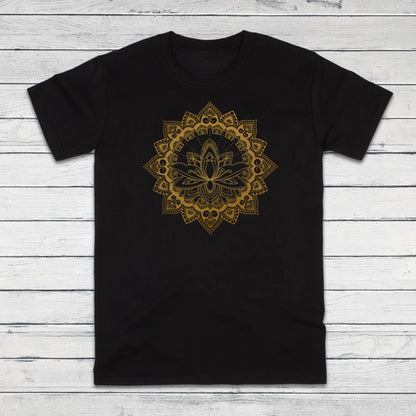 Lotus Mandala T Shirt Traditional Art Indian Henna Tattoo Yoga Gold Print Flower Hindu Artwork Yoga Mens Womens Printed Black Navy Tee Top