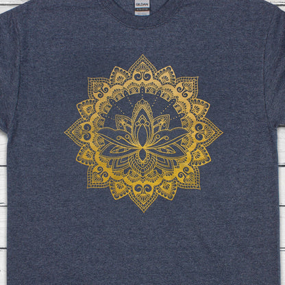 Lotus Mandala T Shirt Traditional Art Indian Henna Tattoo Yoga Gold Print Flower Hindu Artwork Yoga Mens Womens Printed Black Navy Tee Top