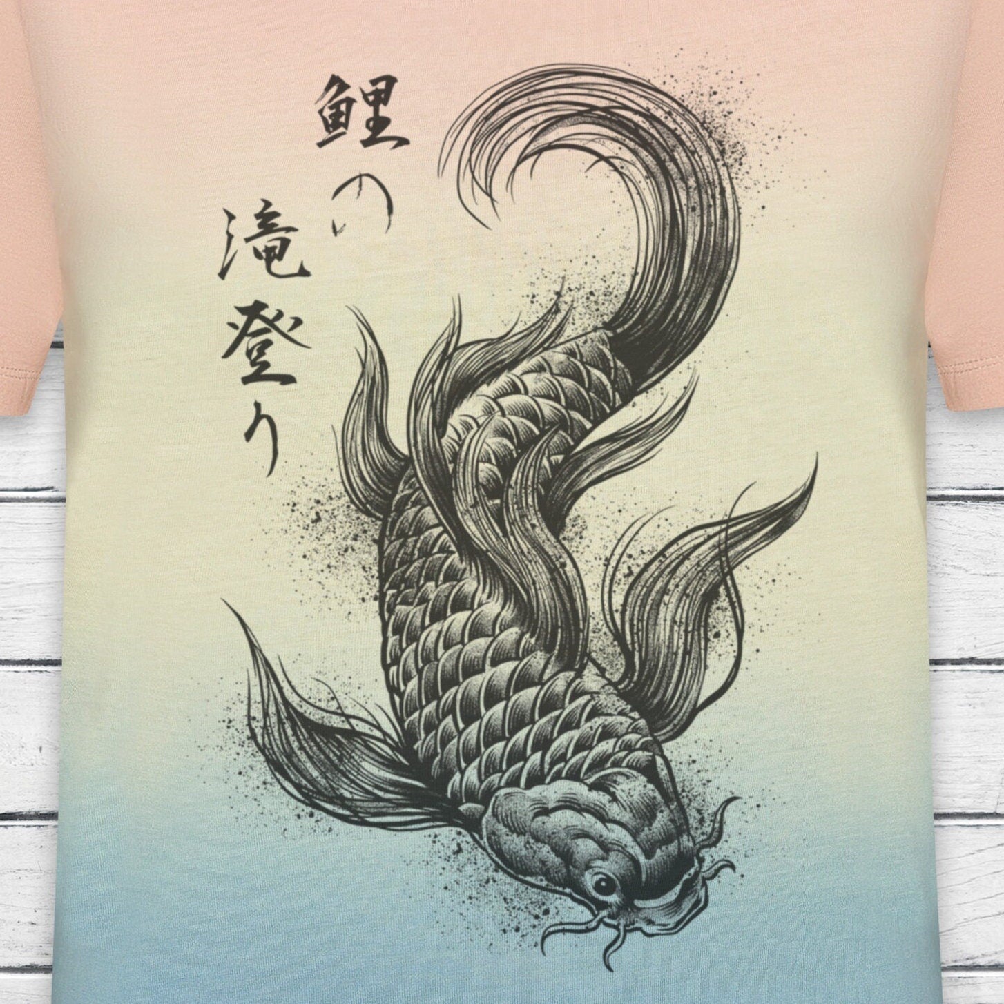 Koi Carp Japanese Calligraphy T Shirt Tie Dye Marble Japan Kanji Writing Print Yoga Dragon Samurai Pastel Ombre Dipped Womens Mens Print Tee