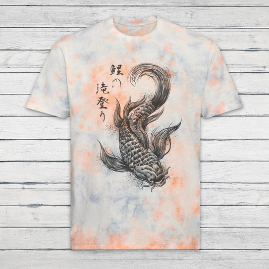 Koi Carp Japanese Calligraphy T Shirt Tie Dye Marble Japan Kanji Writing Print Yoga Dragon Samurai Pastel Ombre Dipped Womens Mens Print Tee