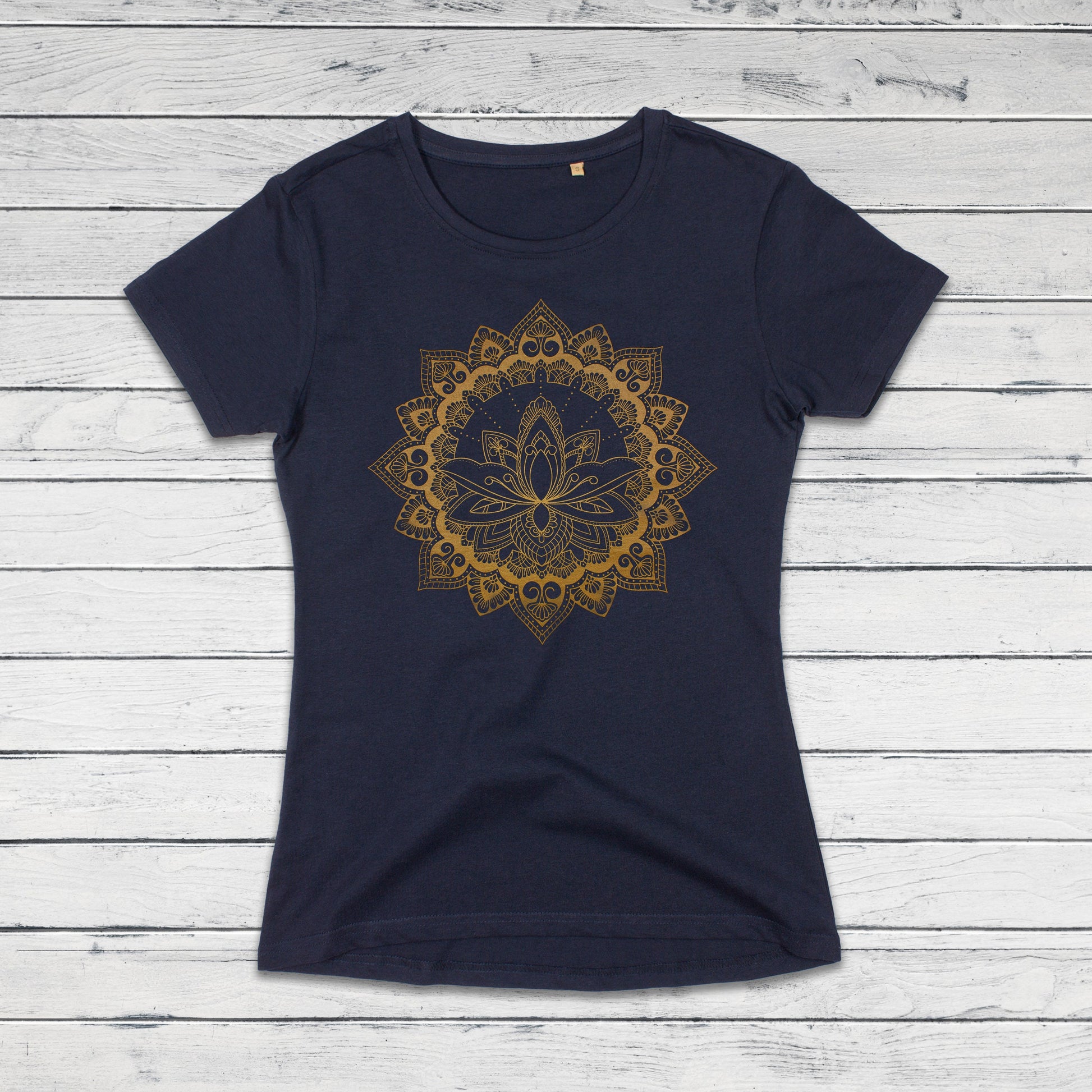 Mandala T Shirt Traditional Indian Henna Tattoo Gold Print Yoga Inspirational Lotus Buddhism Hindu Organic Cotton Womens Girls Printed Tee