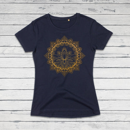 Mandala T Shirt Traditional Indian Henna Tattoo Gold Print Yoga Inspirational Lotus Buddhism Hindu Organic Cotton Womens Girls Printed Tee